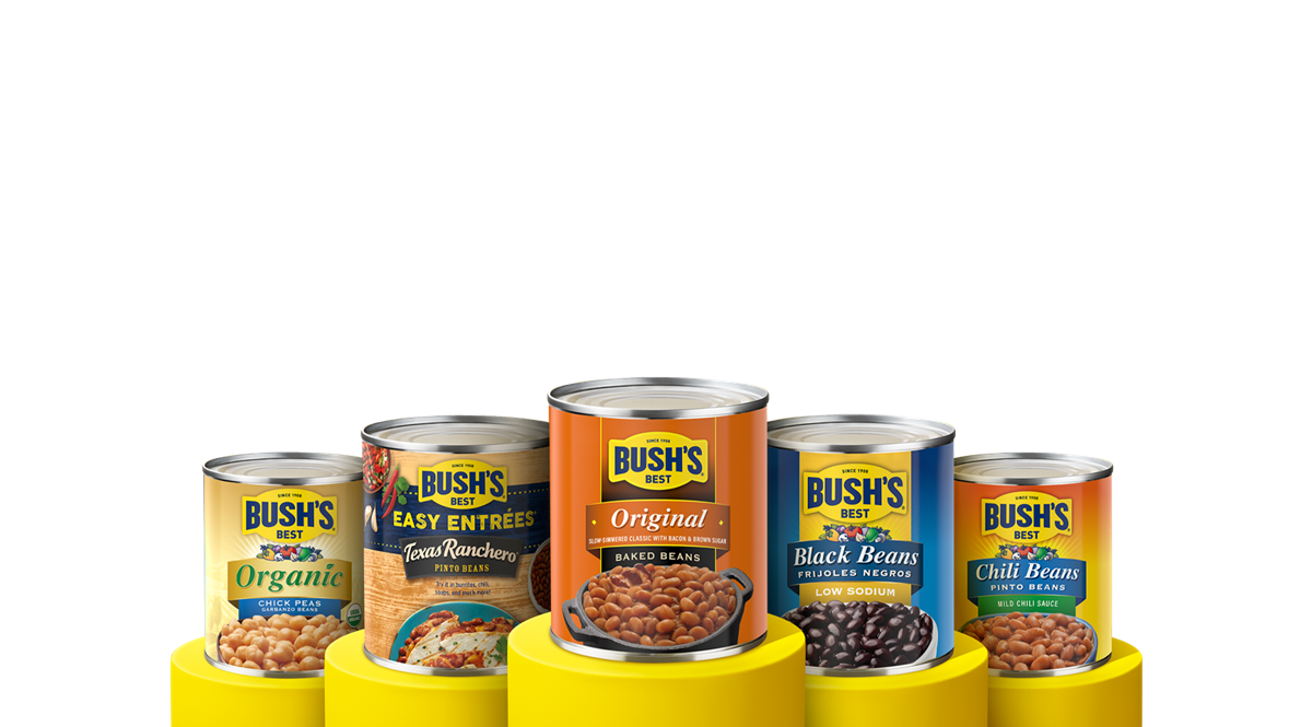 Five cans of different Bush's Beans products on yellow podiums