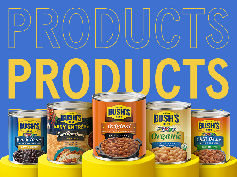 Cans of bulk Bush's Beans products on yellow pedestals in front of a blue background with the word "Products" repeated in yellow