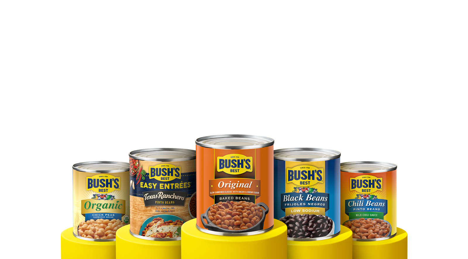 Five cans of different Bush's Beans products on yellow podiums